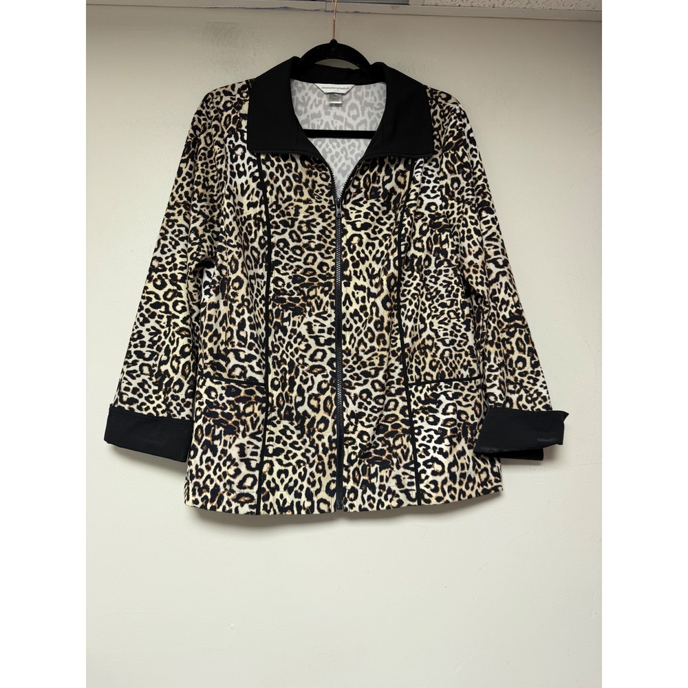 Christopher and Banks Leopard Print Zip Front Jacket‎ Womens Medium Black Trim
